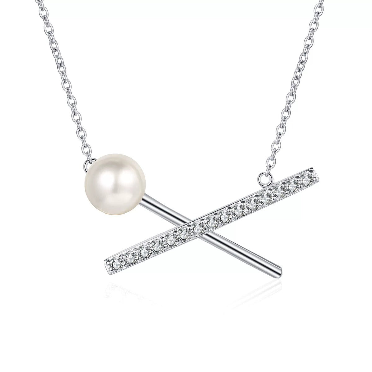 X Motif Moissanite Pearl Pendant Necklace in Rhodium-Plated S925 sterling silver white background product photo showing x-shaped pearl pendant with small round moissanite accents