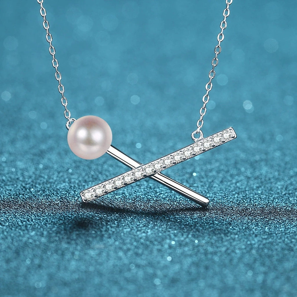 X Motif Moissanite Pearl Pendant Necklace in Rhodium-Plated S925 sterling silver close-up product scene showing pendant setting