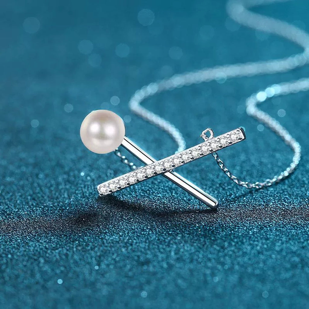 X Motif Moissanite Pearl Pendant Necklace in Rhodium-Plated S925 sterling silver blue display scene showing chain and stone layout