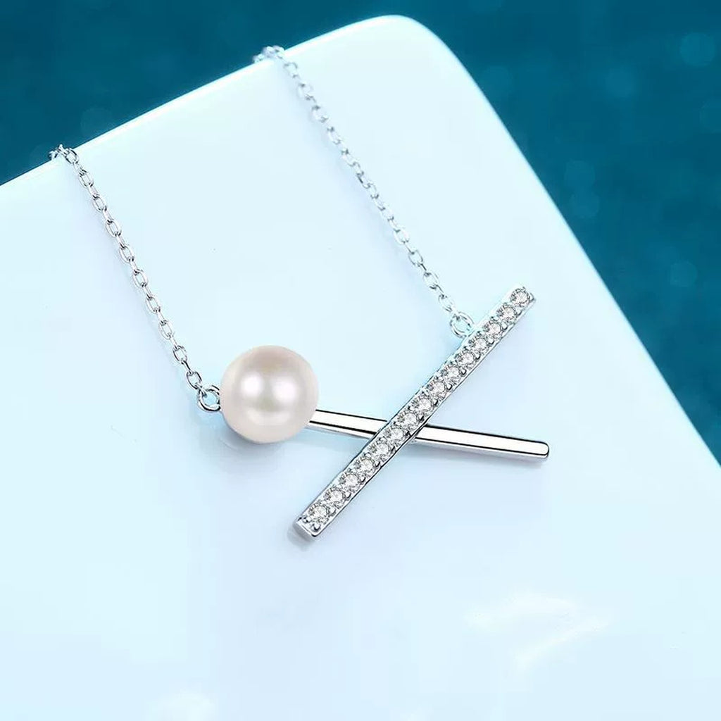 X Motif Moissanite Pearl Pendant Necklace in Rhodium-Plated S925 sterling silver angled product detail view