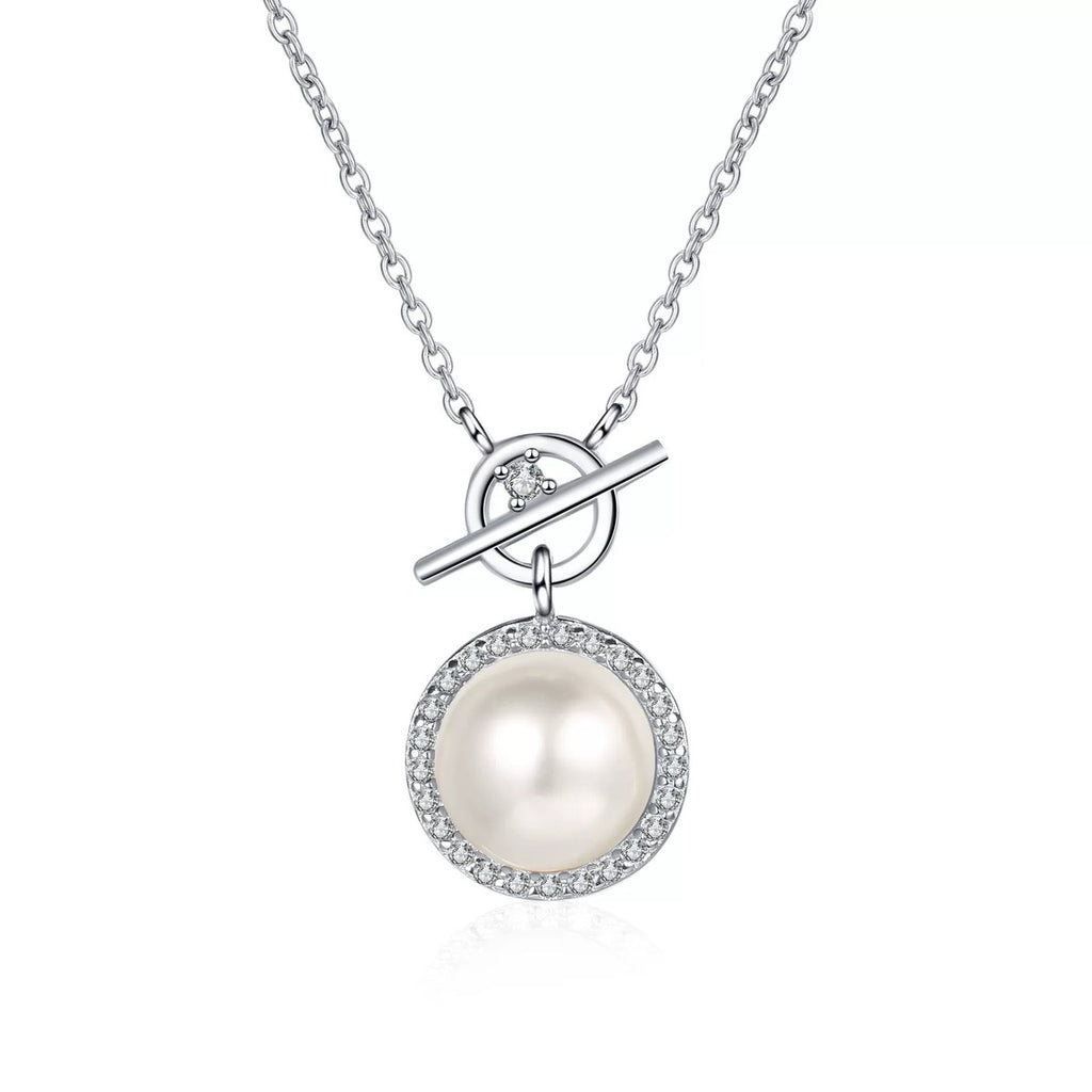 Halo Moissanite Pearl Pendant Necklace in Rhodium-Plated S925 sterling silver white background product photo showing round pearl pendant with a curved moissanite halo