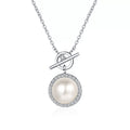 Halo Moissanite Pearl Pendant Necklace in Rhodium-Plated S925 sterling silver white background product photo showing round pearl pendant with a curved moissanite halo