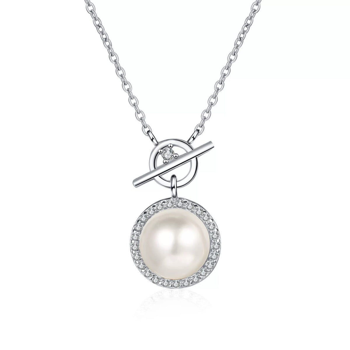 Halo Moissanite Pearl Pendant Necklace in Rhodium-Plated S925 sterling silver white background product photo showing round pearl pendant with a curved moissanite halo