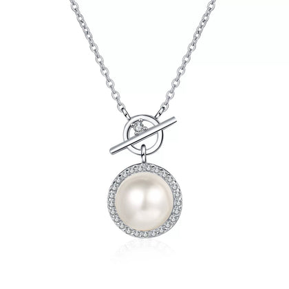 Halo Moissanite Pearl Pendant Necklace in Rhodium-Plated S925 sterling silver white background product photo showing round pearl pendant with a curved moissanite halo