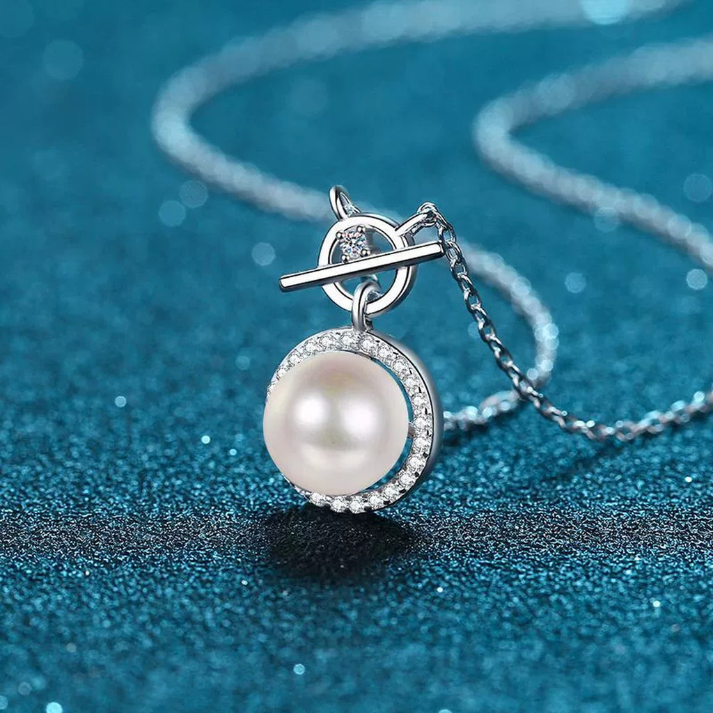 Halo Moissanite Pearl Pendant Necklace in Rhodium-Plated S925 sterling silver angled product detail view