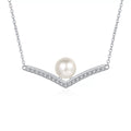 V Motif Moissanite Pearl Pendant Necklace in Rhodium-Plated S925 sterling silver white background product photo showing v-shaped moissanite pearl pendant with a centered near round pearl