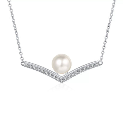 V Motif Moissanite Pearl Pendant Necklace in Rhodium-Plated S925 sterling silver white background product photo showing v-shaped moissanite pearl pendant with a centered near round pearl