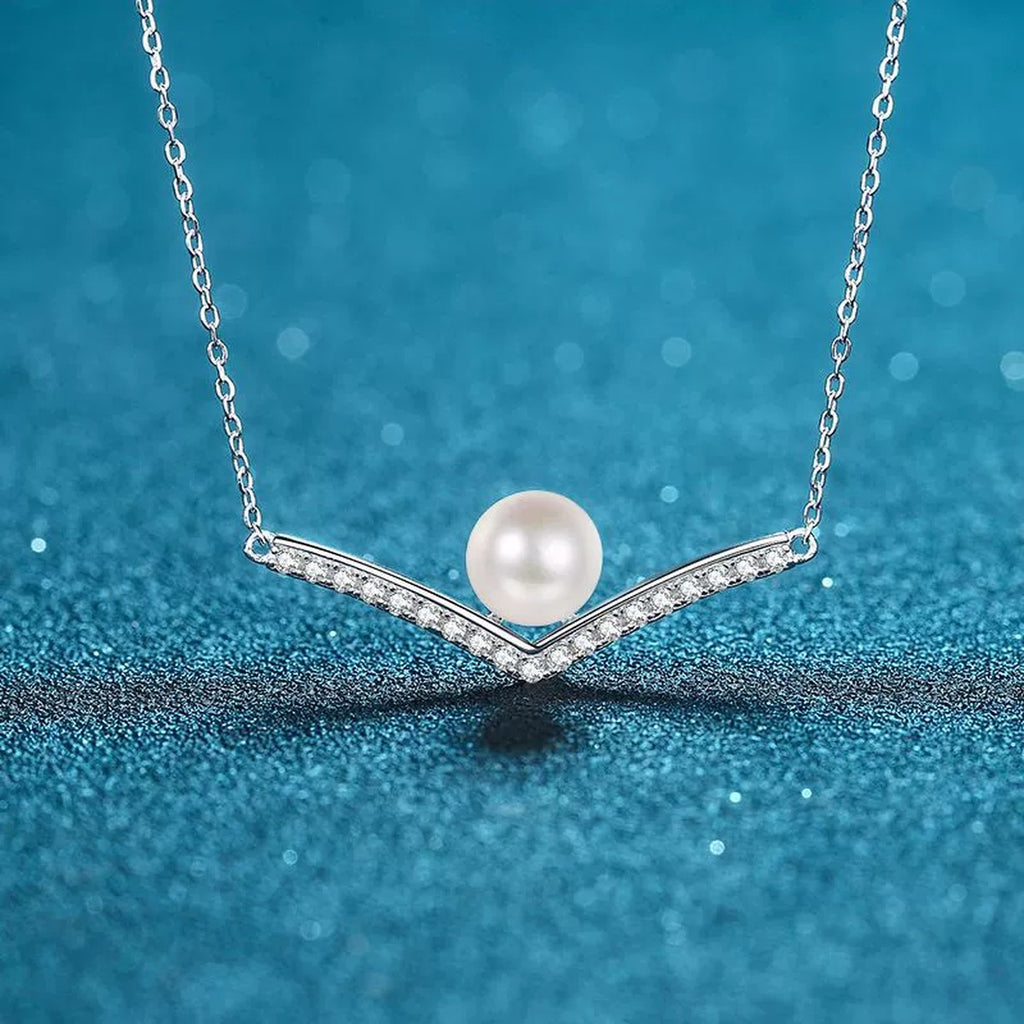 V Motif Moissanite Pearl Pendant Necklace in Rhodium-Plated S925 sterling silver close-up product scene showing pendant setting