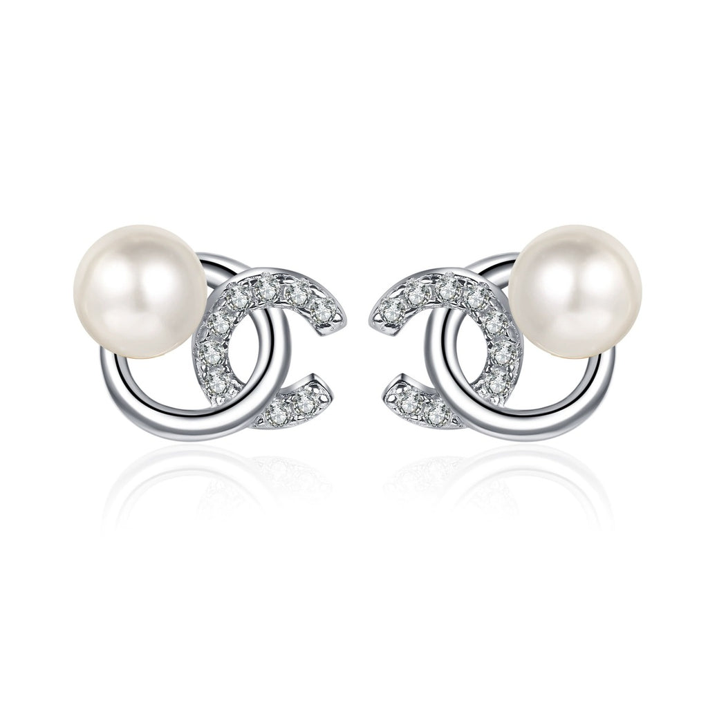 Swirl Pearl Moissanite Stud Earrings in Rhodium-Plated S925 sterling silver on white background showing the full pair, pearl and moissanite detail, and stud earrings silhouette
