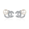 Swirl Pearl Moissanite Stud Earrings in Rhodium-Plated S925 sterling silver on white background showing the full pair, pearl and moissanite detail, and stud earrings silhouette