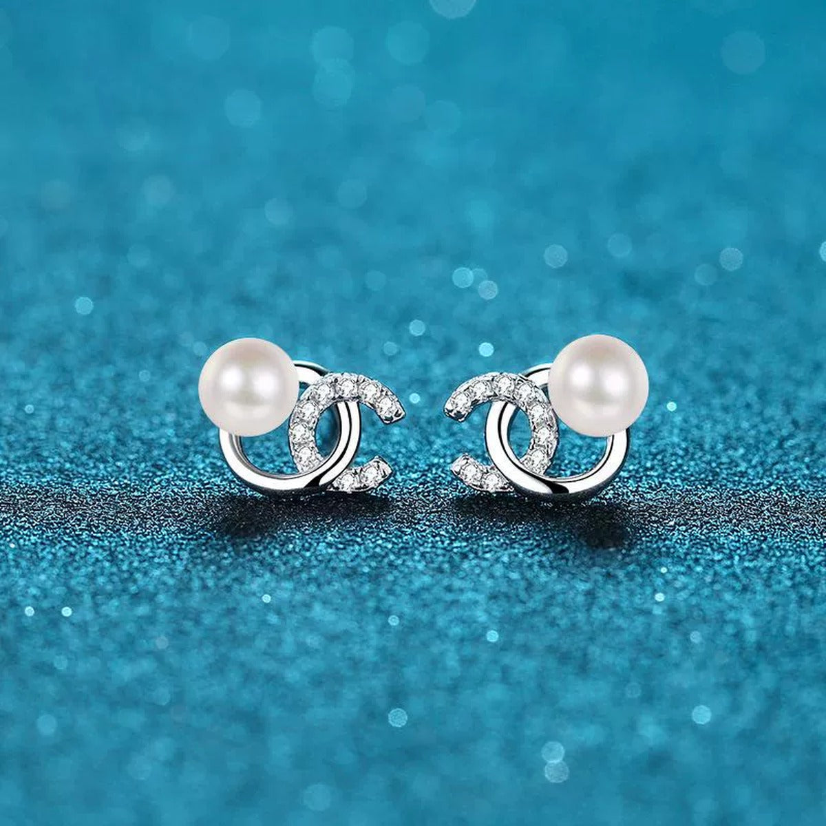 Swirl Pearl Moissanite Stud Earrings in Rhodium-Plated S925 sterling silver product scene view showing side profile