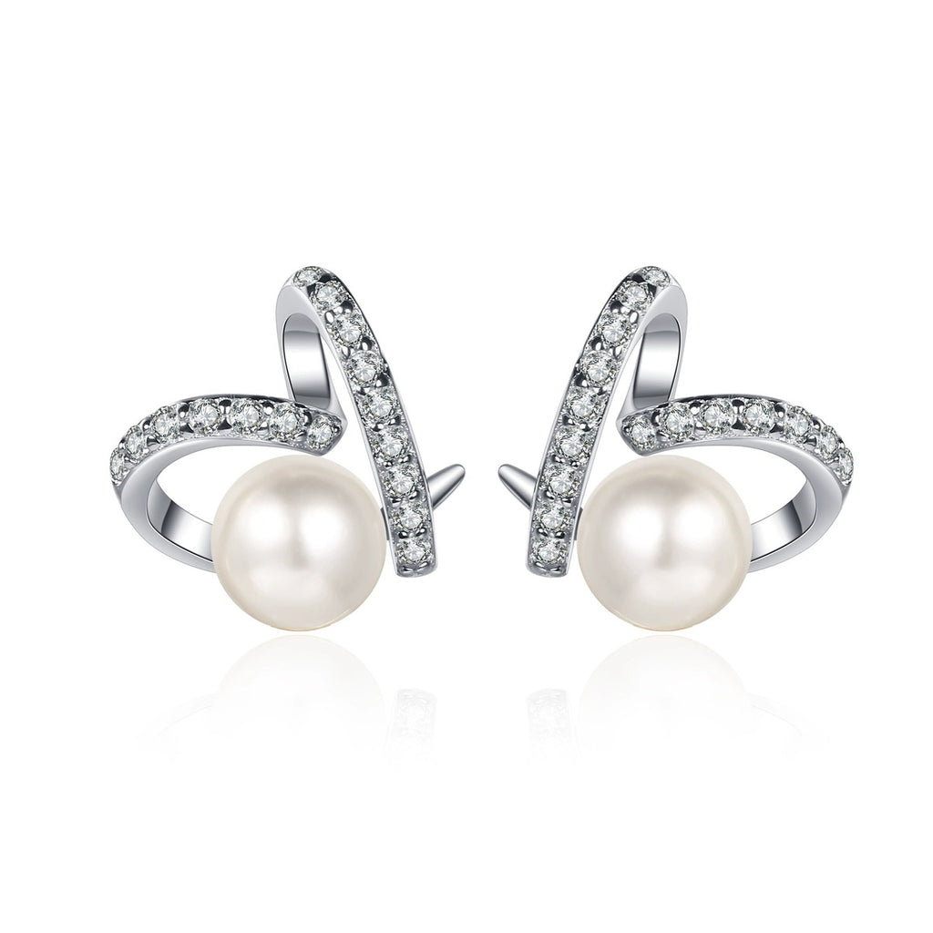 Ribbon Pearl Moissanite Stud Earrings in Rhodium-Plated S925 sterling silver on white background showing the full pair, pearl and moissanite detail, and stud earrings silhouette