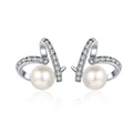 Ribbon Pearl Moissanite Stud Earrings in Rhodium-Plated S925 sterling silver on white background showing the full pair, pearl and moissanite detail, and stud earrings silhouette