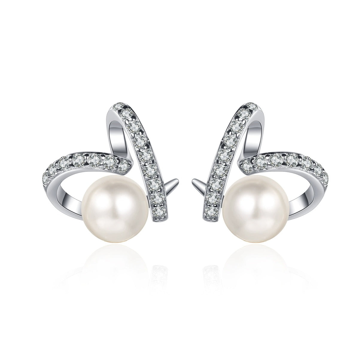 Ribbon Pearl Moissanite Stud Earrings in Rhodium-Plated S925 sterling silver on white background showing the full pair, pearl and moissanite detail, and stud earrings silhouette