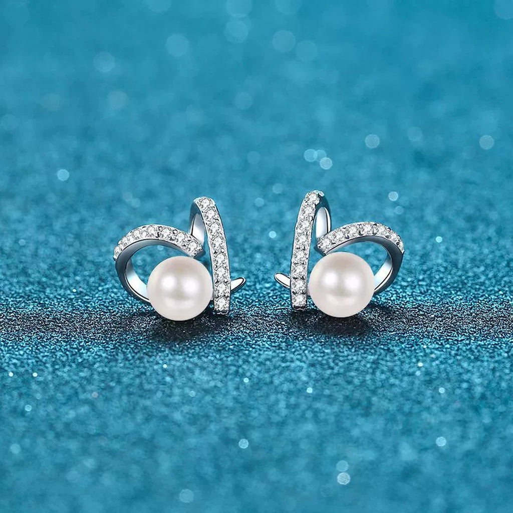 Ribbon Pearl Moissanite Stud Earrings in Rhodium-Plated S925 sterling silver product scene view showing angled setting detail