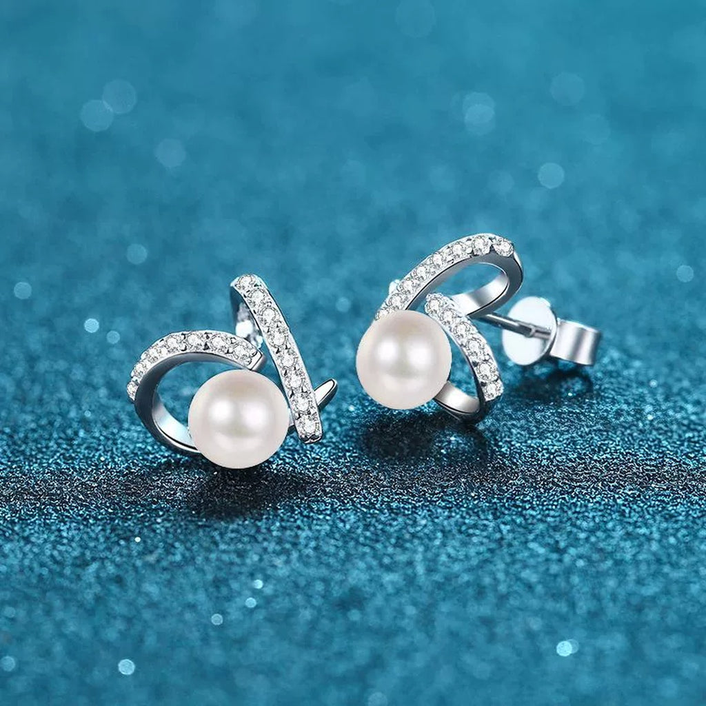Ribbon Pearl Moissanite Stud Earrings in Rhodium-Plated S925 sterling silver product scene view showing side profile
