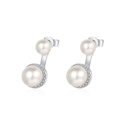 Double Pearl Moissanite Stud Drop Earrings in Rhodium-Plated S925 sterling silver on white background showing the full pair, pearl and moissanite detail, and stud earrings silhouette