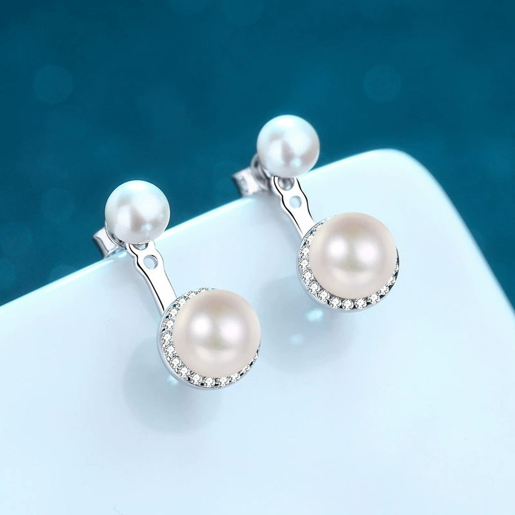 Double Pearl Moissanite Stud Drop Earrings in Rhodium-Plated S925 sterling silver product scene view showing front detail