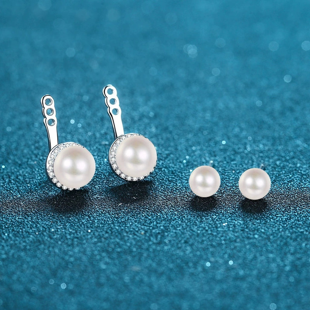 Double Pearl Moissanite Stud Drop Earrings in Rhodium-Plated S925 sterling silver product scene view showing angled setting detail