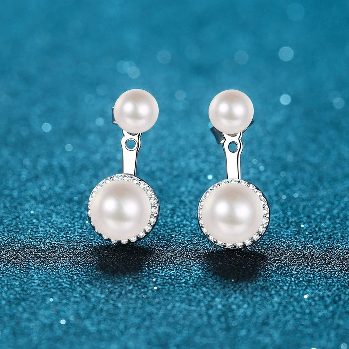 Double Pearl Moissanite Stud Drop Earrings in Rhodium-Plated S925 sterling silver product scene view showing side profile