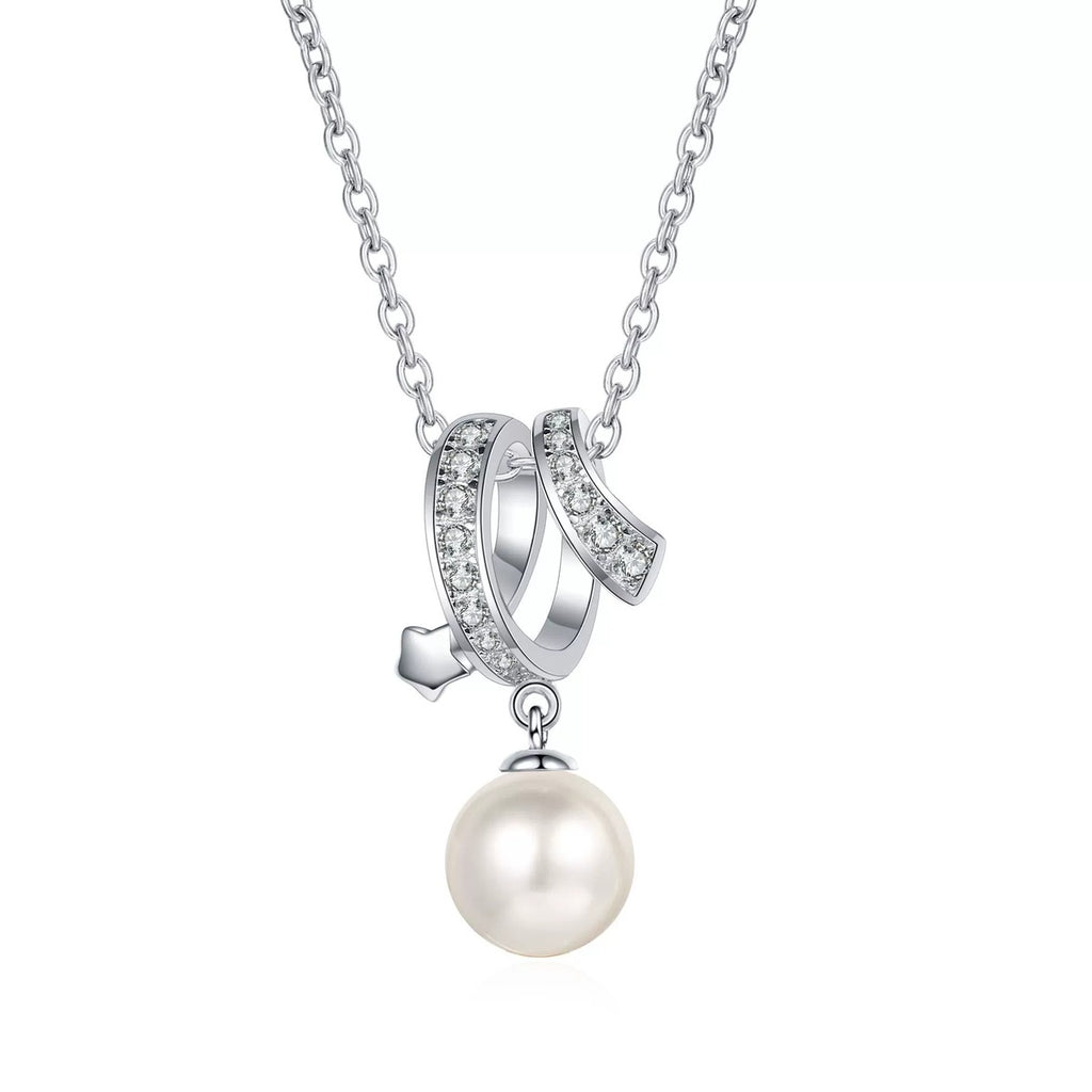 Floral Moissanite Pearl Pendant Necklace in Rhodium-Plated S925 sterling silver white background product photo showing floral pearl pendant with graduated round moissanite accents