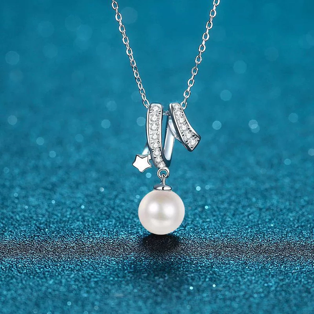 Floral Moissanite Pearl Pendant Necklace in Rhodium-Plated S925 sterling silver close-up product scene showing pendant setting