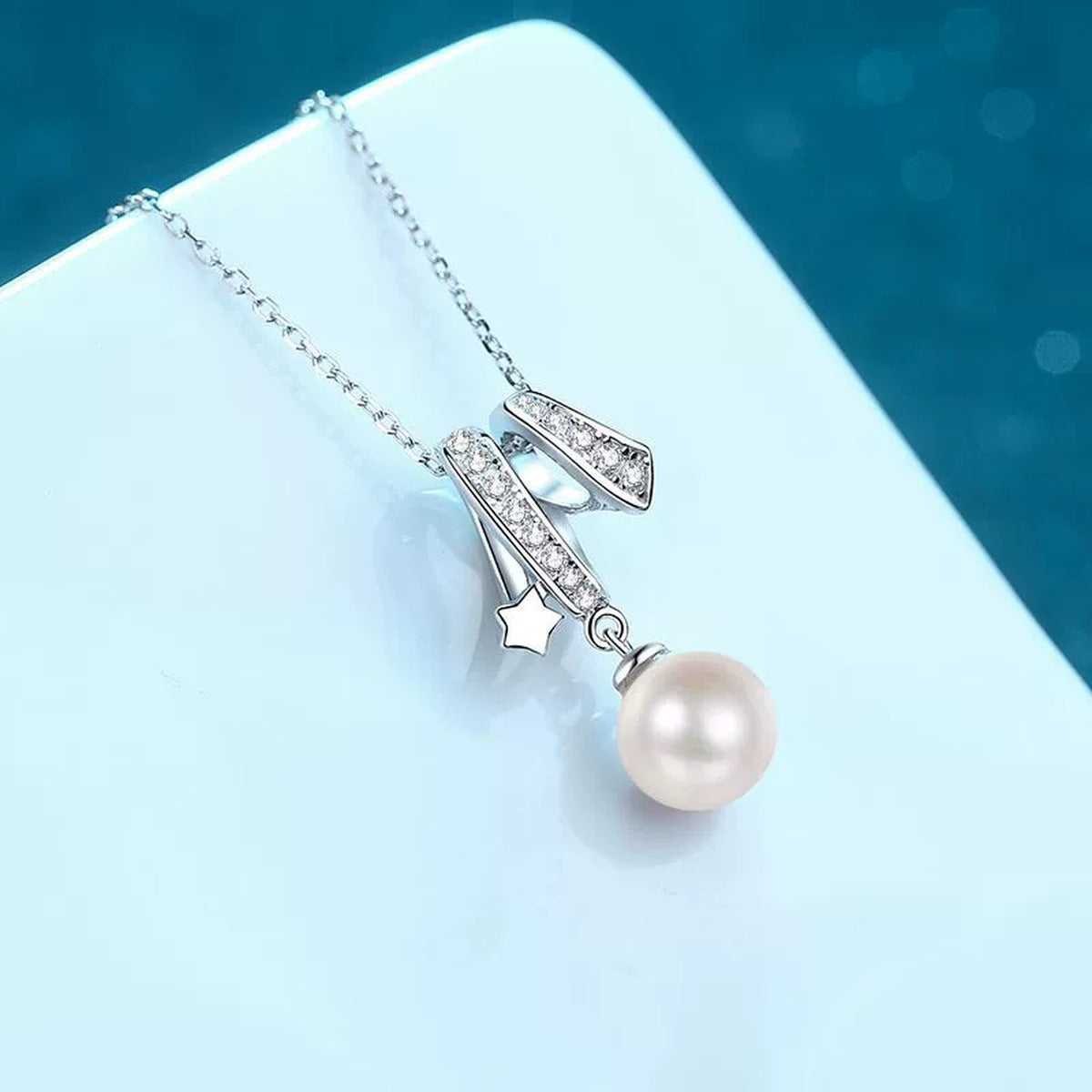 Floral Moissanite Pearl Pendant Necklace in Rhodium-Plated S925 sterling silver angled product detail view
