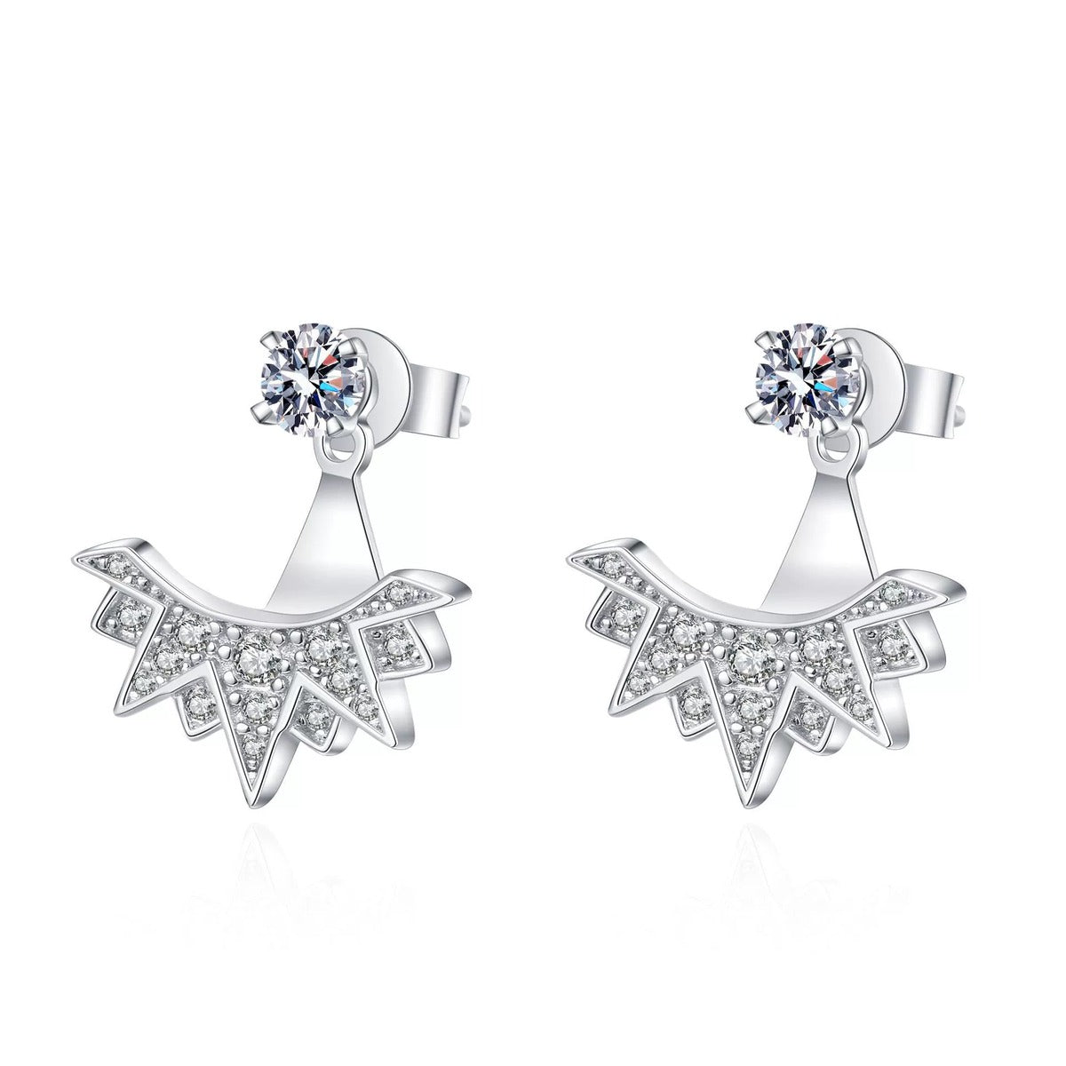 Starburst Moissanite Stud Drop Earrings with CZ in Rhodium-Plated S925 sterling silver white background product photo showing the pair, stone shape, and stud earrings silhouette