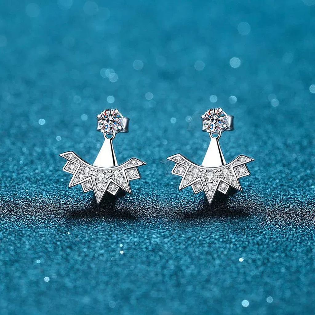 Starburst Moissanite Stud Drop Earrings with CZ in Rhodium-Plated S925 sterling silver product scene view showing front sparkle