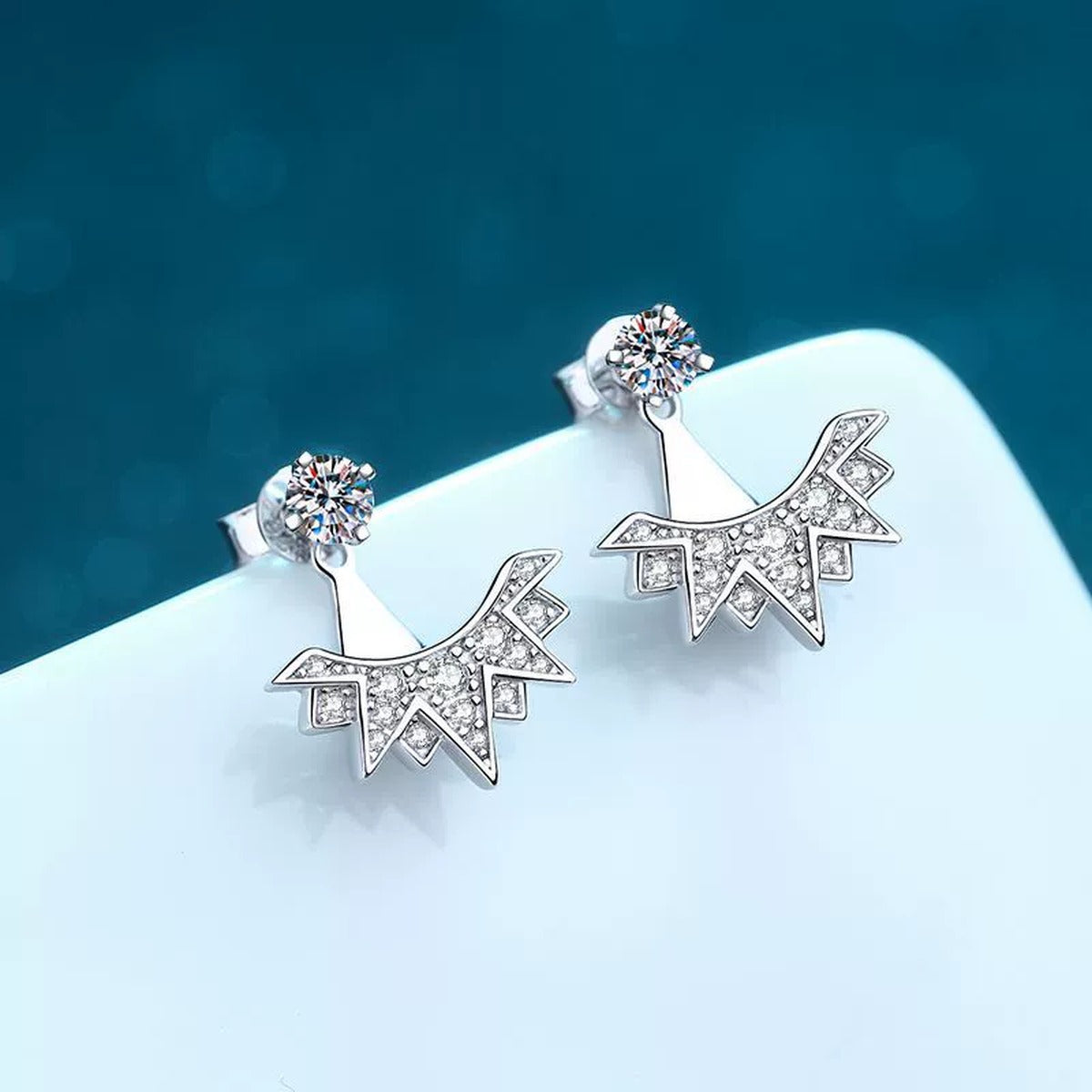 Starburst Moissanite Stud Drop Earrings with CZ in Rhodium-Plated S925 sterling silver product scene view showing angled setting detail
