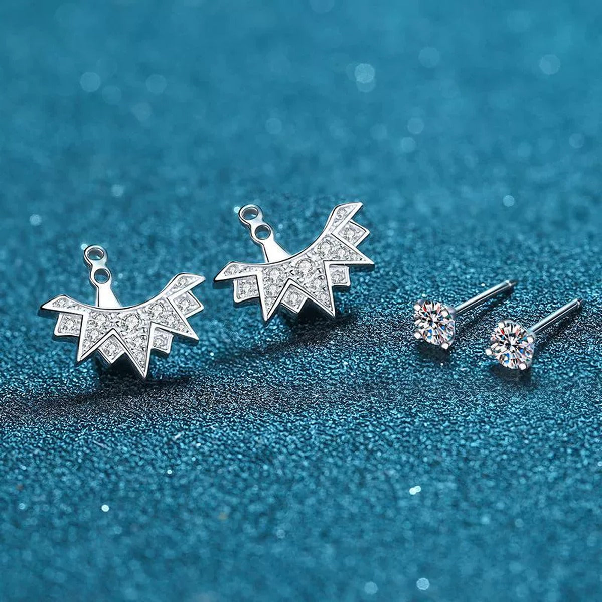 Starburst Moissanite Stud Drop Earrings with CZ in Rhodium-Plated S925 sterling silver product scene view showing side profile