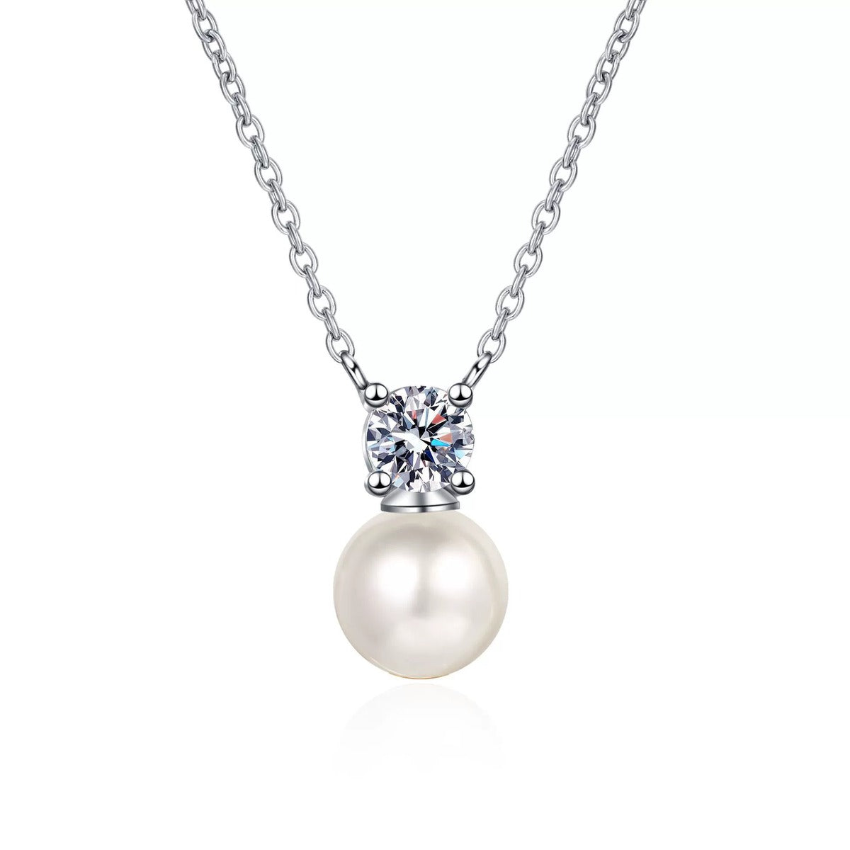Round Moissanite Pearl Pendant Necklace in Rhodium-Plated S925 sterling silver white background product photo showing round moissanite and near round pearl pendant with a balanced drop silhouette