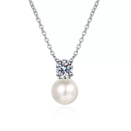 Round Moissanite Pearl Pendant Necklace in Rhodium-Plated S925 sterling silver white background product photo showing round moissanite and near round pearl pendant with a balanced drop silhouette