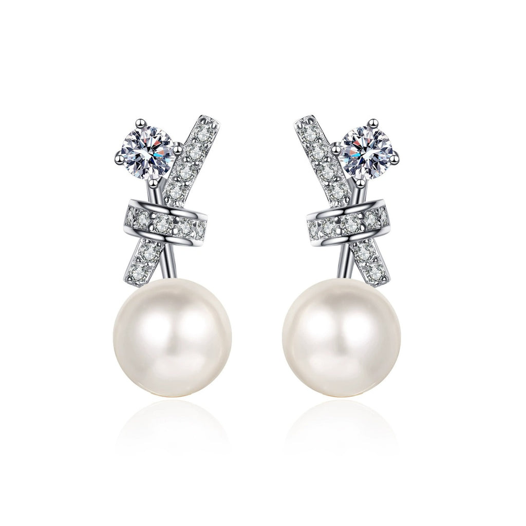 Bow Pearl Moissanite Stud Drop Earrings in Rhodium-Plated S925 sterling silver on white background showing the full pair, pearl and moissanite detail, and stud earrings silhouette