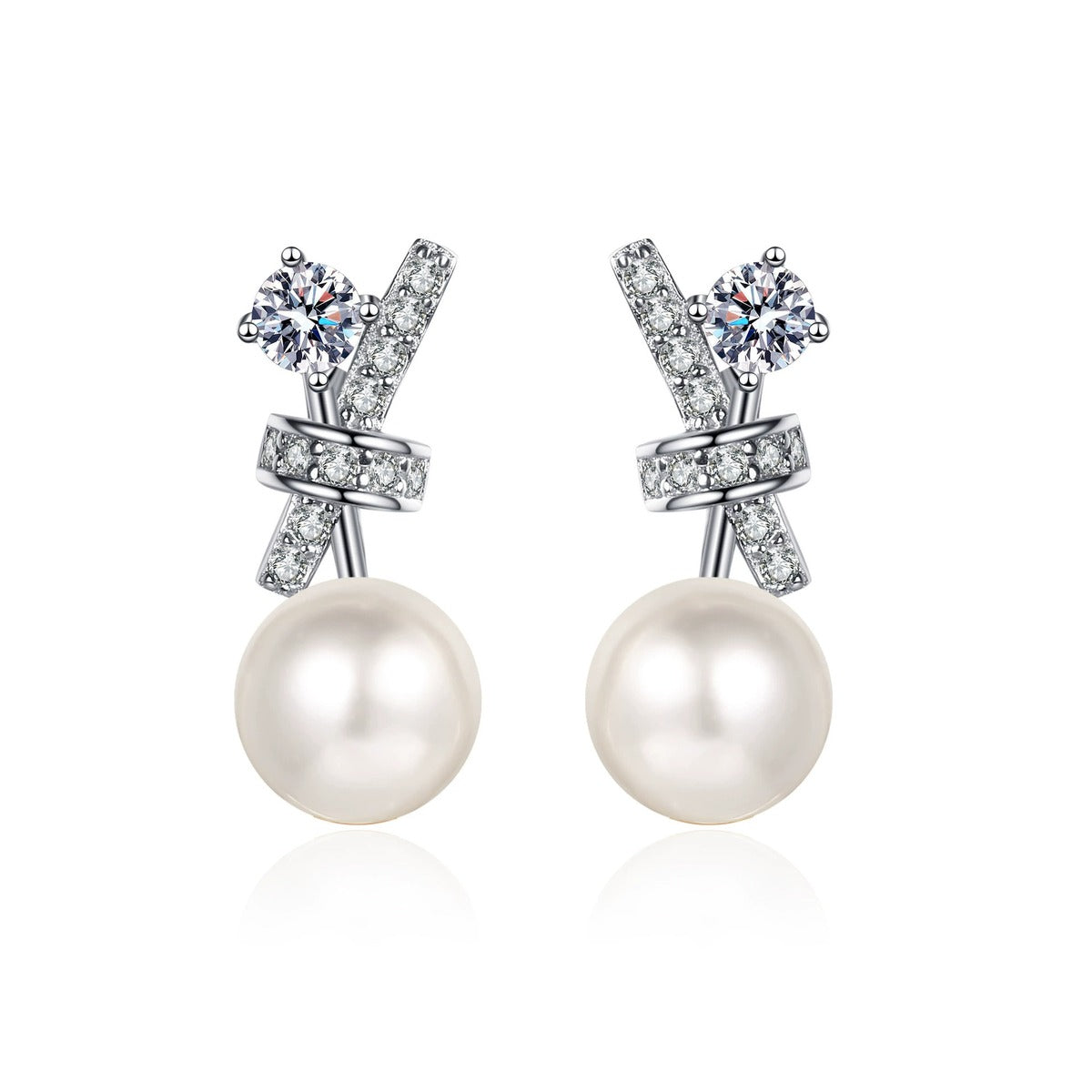 Bow Pearl Moissanite Stud Drop Earrings in Rhodium-Plated S925 sterling silver on white background showing the full pair, pearl and moissanite detail, and stud earrings silhouette