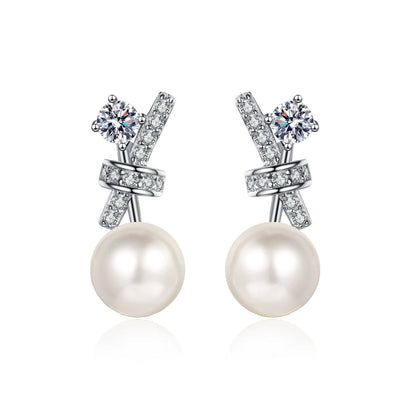Bow Pearl Moissanite Stud Drop Earrings in Rhodium-Plated S925 sterling silver on white background showing the full pair, pearl and moissanite detail, and stud earrings silhouette