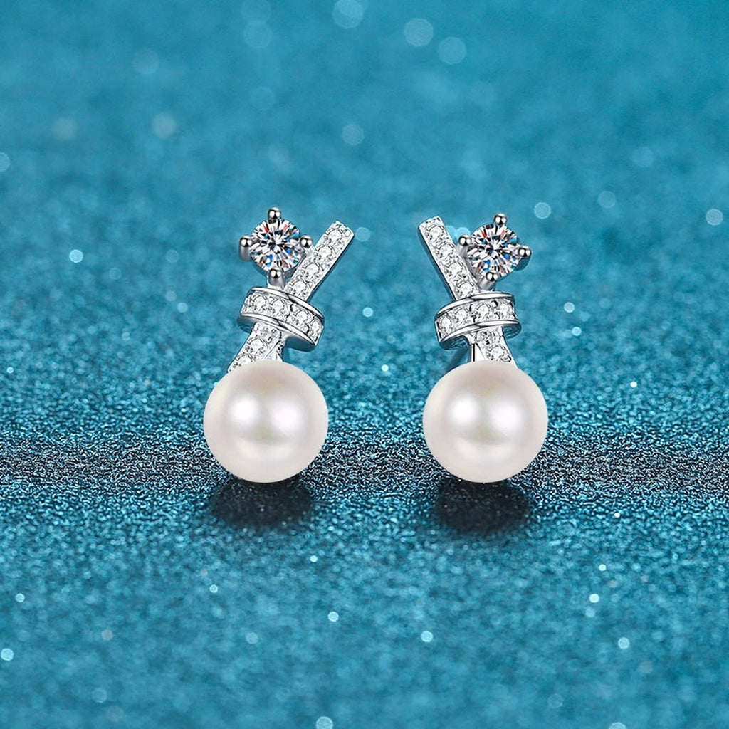 Bow Pearl Moissanite Stud Drop Earrings in Rhodium-Plated S925 sterling silver product scene view showing front detail
