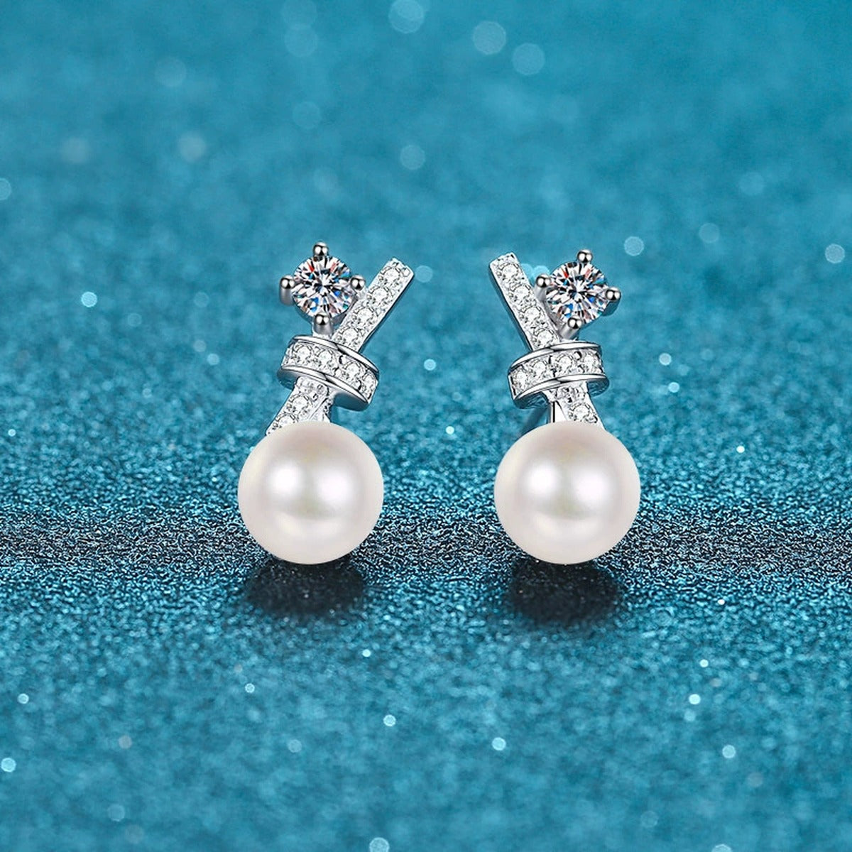 Bow Pearl Moissanite Stud Drop Earrings in Rhodium-Plated S925 sterling silver product scene view showing front detail