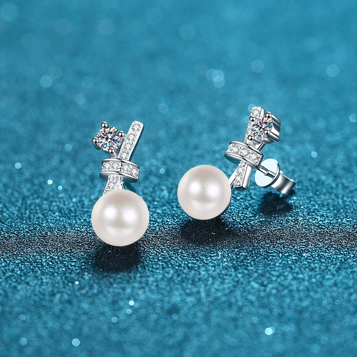 Bow Pearl Moissanite Stud Drop Earrings in Rhodium-Plated S925 sterling silver product scene view showing angled setting detail