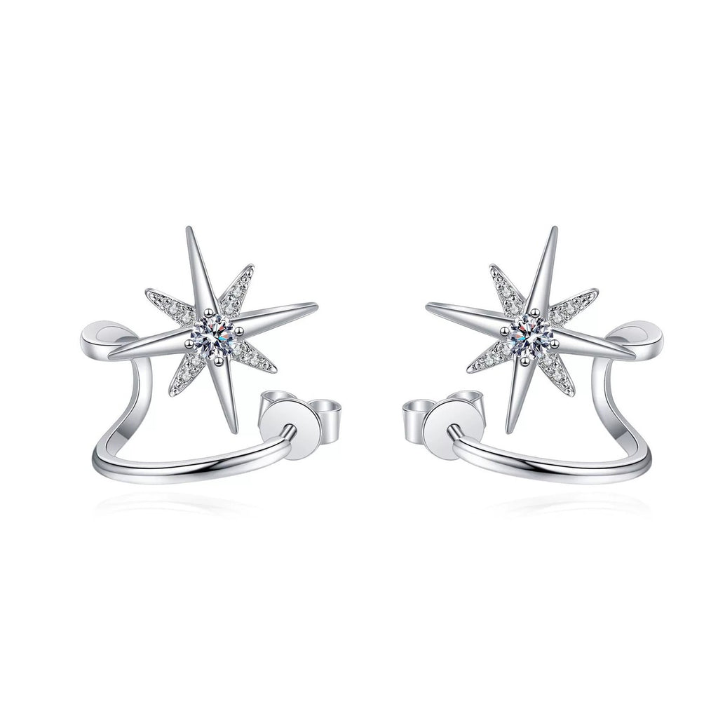 Star Moissanite Ear Cuff Stud Earrings in Rhodium-Plated S925 sterling silver on white background showing the full pair, moissanite setting, and ear cuff stud earrings silhouette