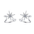 Star Moissanite Ear Cuff Stud Earrings in Rhodium-Plated S925 sterling silver on white background showing the full pair, moissanite setting, and ear cuff stud earrings silhouette