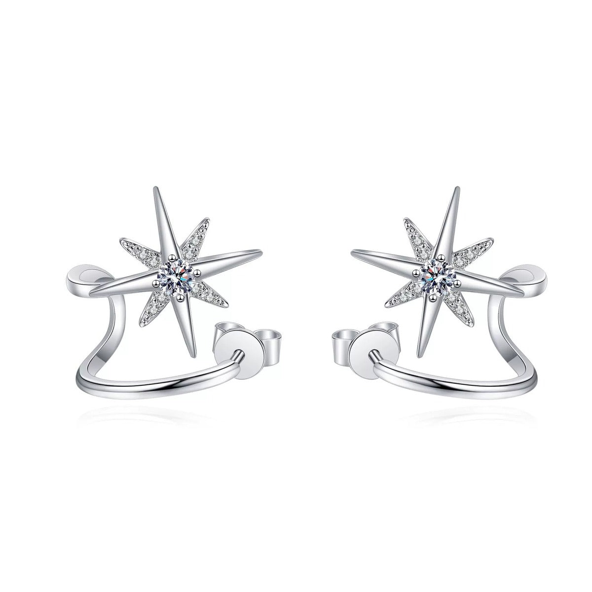 Star Moissanite Ear Cuff Stud Earrings in Rhodium-Plated S925 sterling silver on white background showing the full pair, moissanite setting, and ear cuff stud earrings silhouette