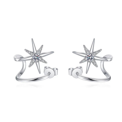 Star Moissanite Ear Cuff Stud Earrings in Rhodium-Plated S925 sterling silver on white background showing the full pair, moissanite setting, and ear cuff stud earrings silhouette