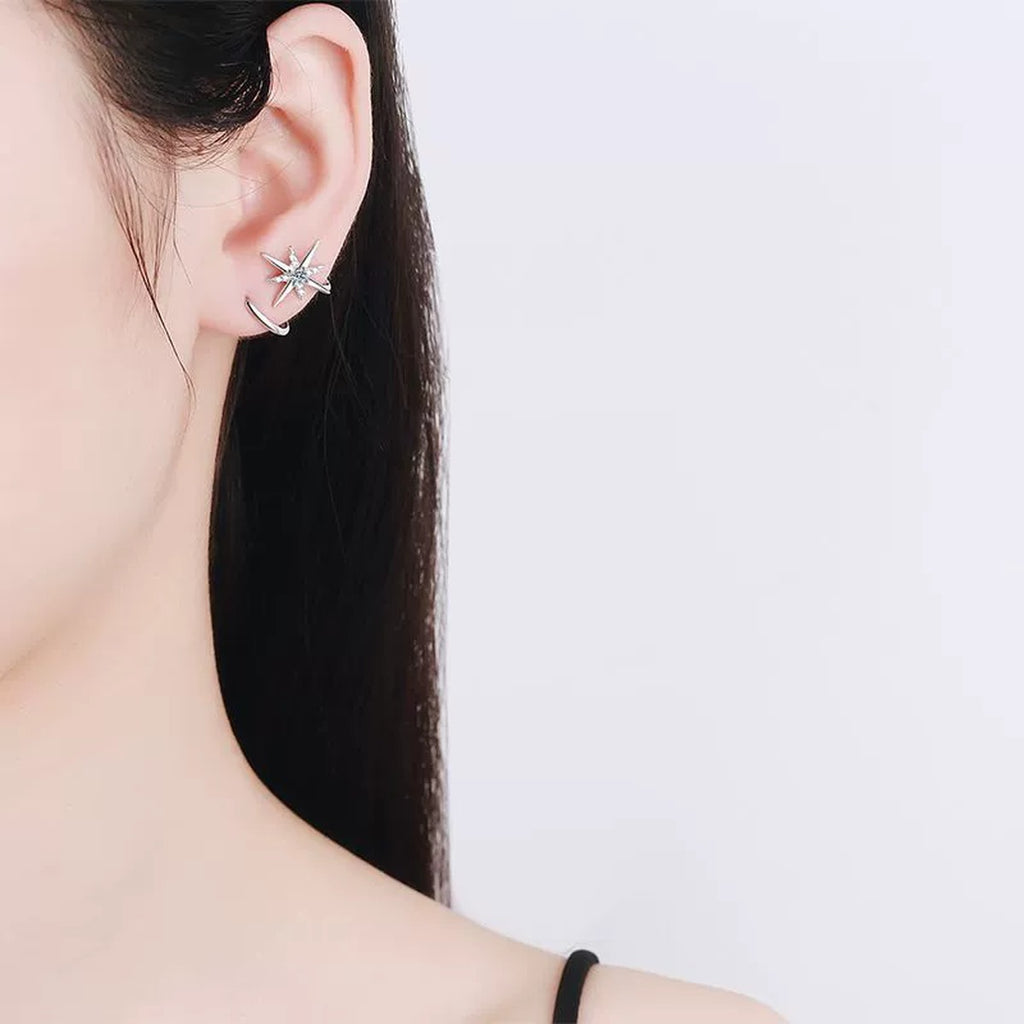 Star Moissanite Ear Cuff Stud Earrings in Rhodium-Plated S925 sterling silver worn on ear by model showing scale, placement, and ear cuff stud earrings styling