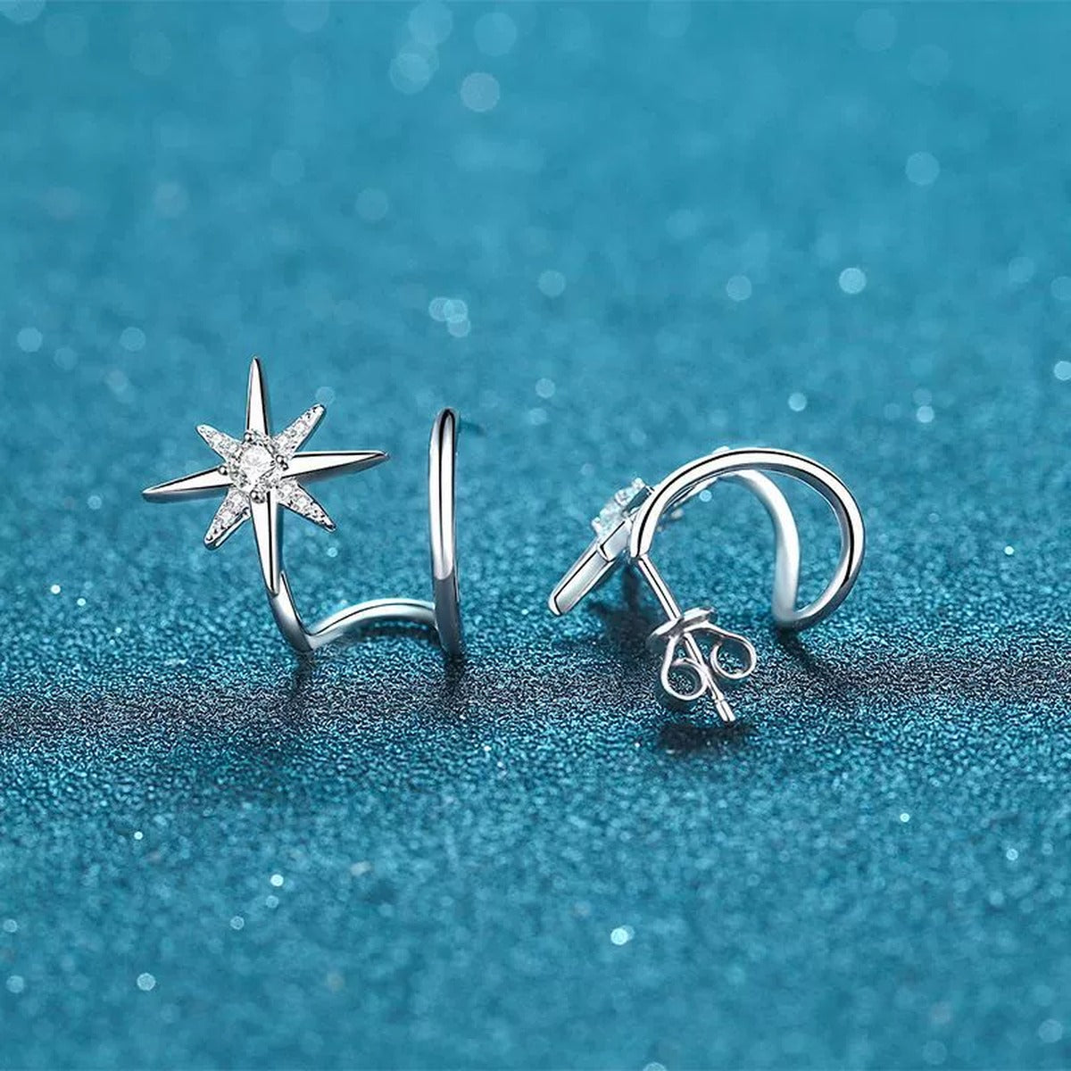 Star Moissanite Ear Cuff Stud Earrings in Rhodium-Plated S925 sterling silver product scene view showing front detail