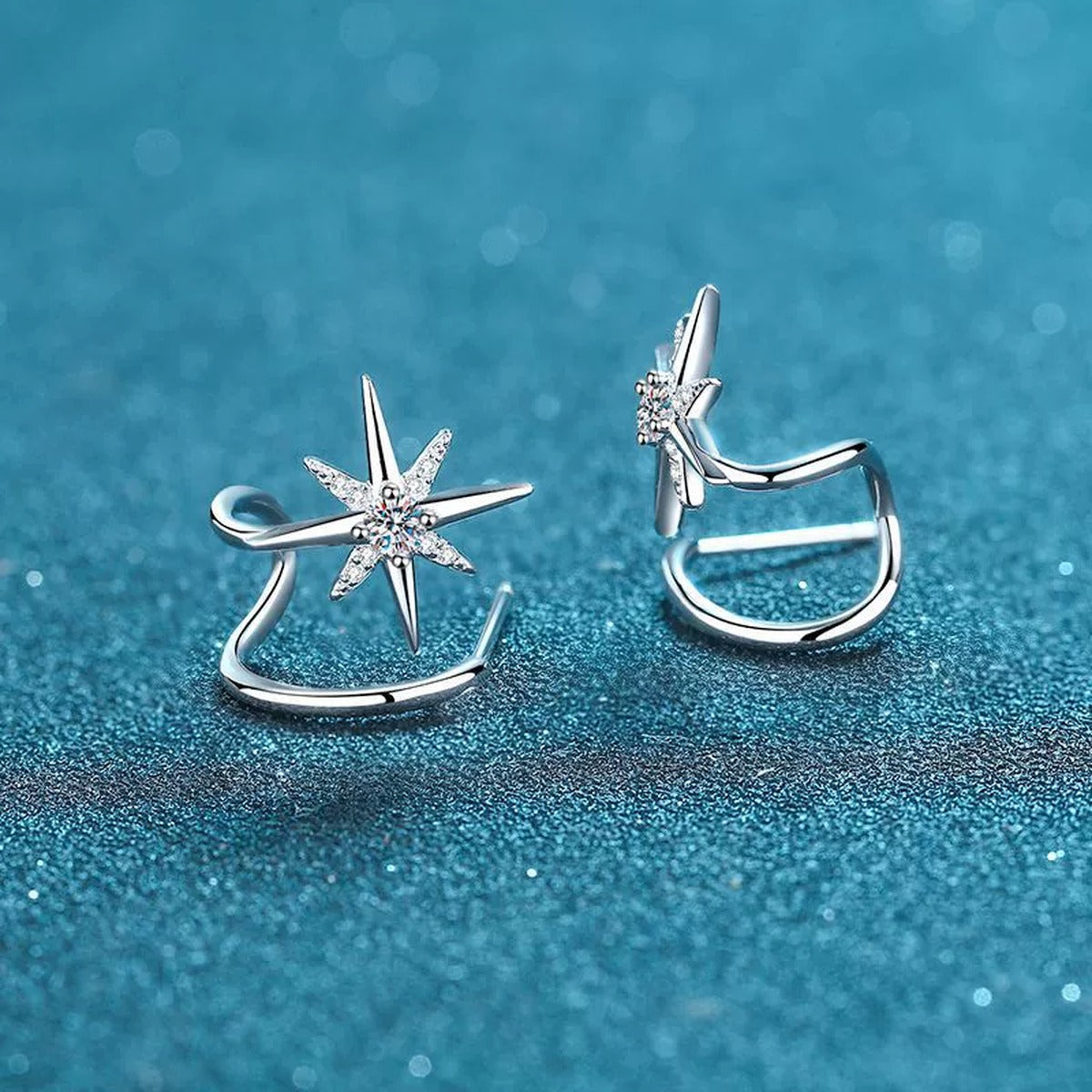 Star Moissanite Ear Cuff Stud Earrings in Rhodium-Plated S925 sterling silver product scene view showing angled setting detail