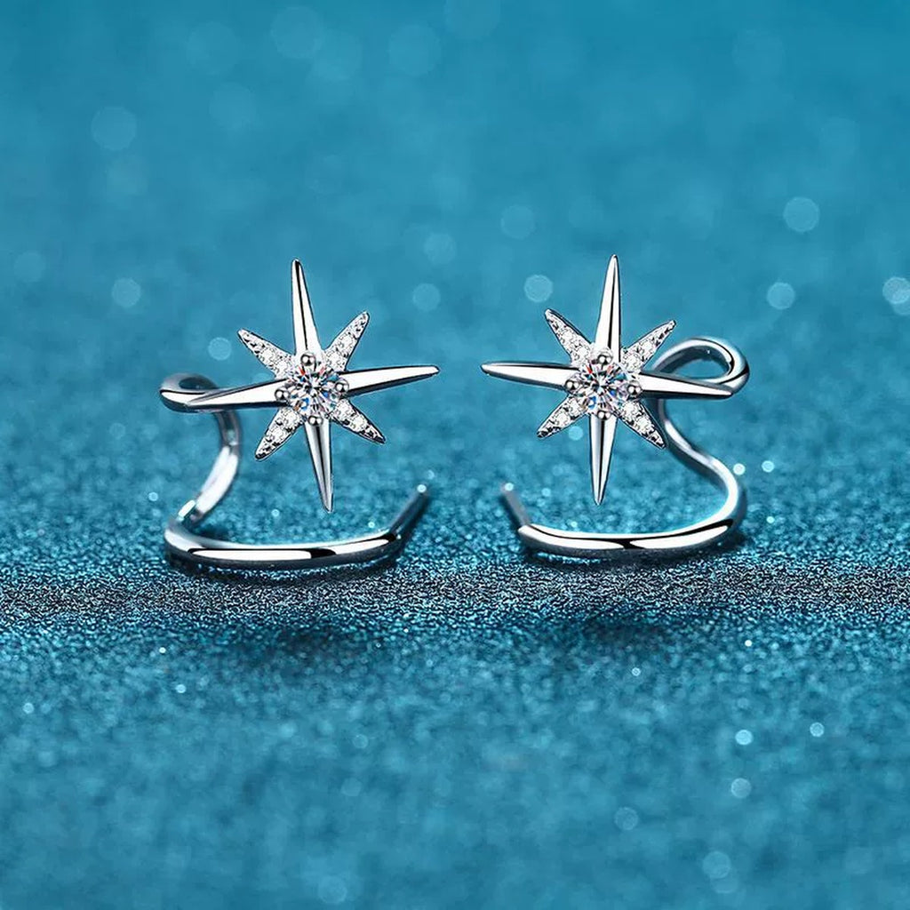 Star Moissanite Ear Cuff Stud Earrings in Rhodium-Plated S925 sterling silver product scene view showing side profile