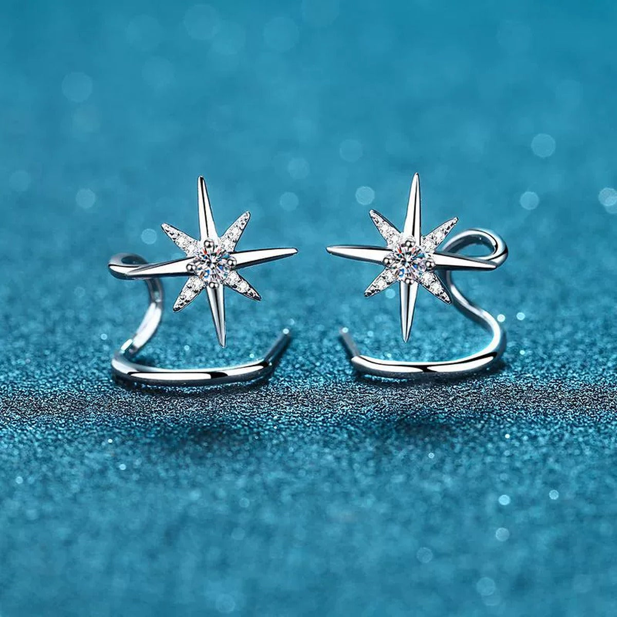 Star Moissanite Ear Cuff Stud Earrings in Rhodium-Plated S925 sterling silver product scene view showing side profile