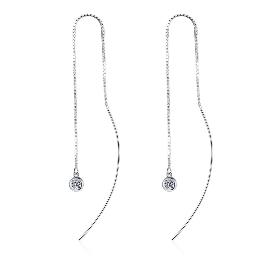 Round Moissanite Threader Drop Earrings in Rhodium-Plated S925 sterling silver white background product photo showing the pair, stone shape, and threader drop earrings silhouette