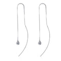 Round Moissanite Threader Drop Earrings in Rhodium-Plated S925 sterling silver white background product photo showing the pair, stone shape, and threader drop earrings silhouette